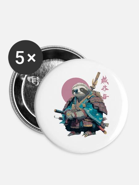 Faultier-Samurai in blauer Rüstung - Buttons groß 56 mm (5er Pack) - Weiß