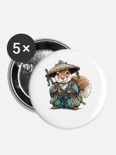 Eichhörnchen-Samurai im blauen Kimono - Buttons groß 56 mm (5er Pack) - Weiß