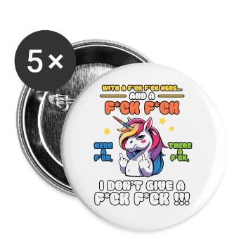 Buntes Einhorn mit frechem Spruch Old Mcdonald - Buttons groß 56 mm (5er Pack) - Weiß - Vorne