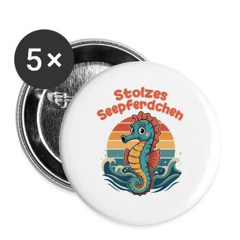 Stolzes Seepferdchen Schwimmen Retro Design - Buttons groß 56 mm (5er Pack) - Weiß - Vorne