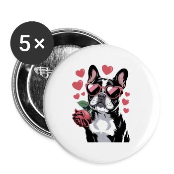Bouledogue français avec rose et lunettes en forme de cœur - Lot de 5 grands badges (56 mm) - blanc - Devant