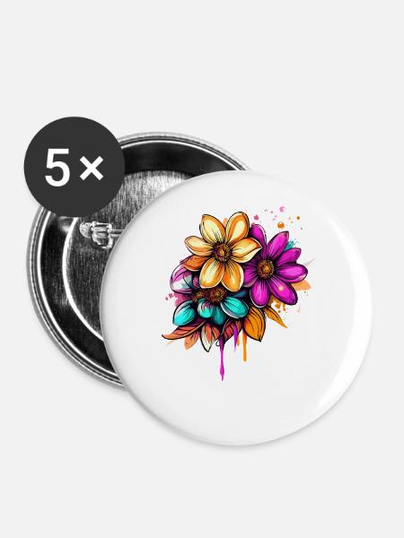 Blumenstrauß Neon Aquarell - Buttons groß 56 mm (5er Pack) - Weiß
