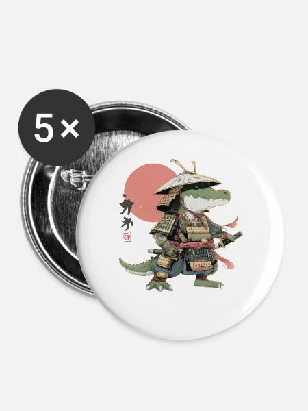 Samurai-Alligator in Rüstung - Buttons groß 56 mm (5er Pack) - Weiß