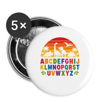 Regenbogen-Dino-Alphabet - Buttons groß 56 mm (5er Pack) - Weiß - Vorne