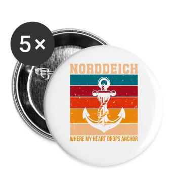 NORDDEICH WO MEIN HERZ VERANKERT IST Lustig - Buttons groß 56 mm (5er Pack) - Weiß - Vorne