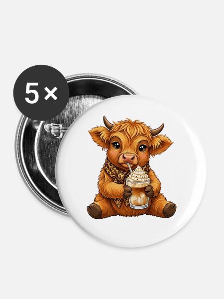 Highland Cow Eiskaffee - Buttons groß 56 mm (5er Pack) - Weiß
