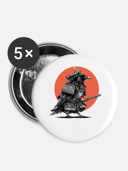 Samurai-Krähe in Rüstung - Buttons groß 56 mm (5er Pack) - Weiß