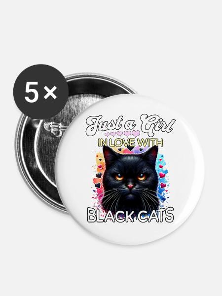 Schwarze Katze Mädchen - Buttons groß 56 mm (5er Pack) - Weiß