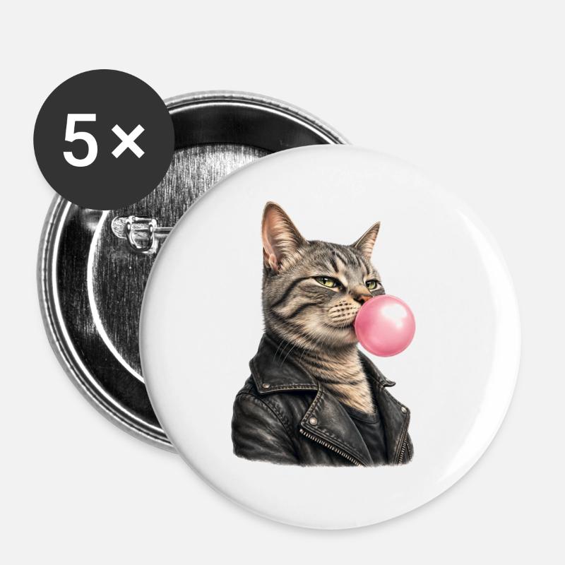 Cool cat with leather jacket - Buttons large 2.2''/56 mm (5-pack) - white