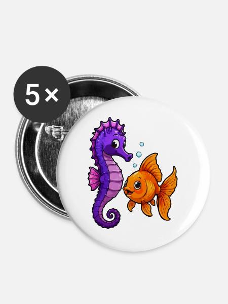 Seepferdchen trifft Goldfisch Freundschaft - Buttons groß 56 mm (5er Pack) - Weiß