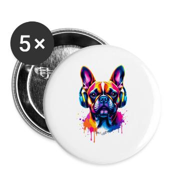 Bouledogue français Frenchie avec des écouteurs - Lot de 5 grands badges (56 mm) - blanc - Devant