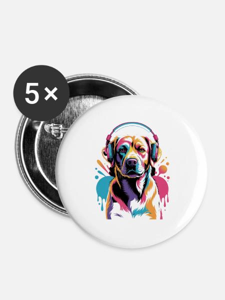 Labrador mit Kopfhörer - Buttons groß 56 mm (5er Pack) - Weiß