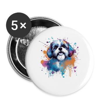 Lebendiger Welpe Splash Shih Tzu - Buttons groß 56 mm (5er Pack) - Weiß - Vorne