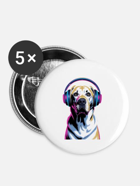  Labrador mit Kopfhörern - Buttons groß 56 mm (5er Pack) - Weiß