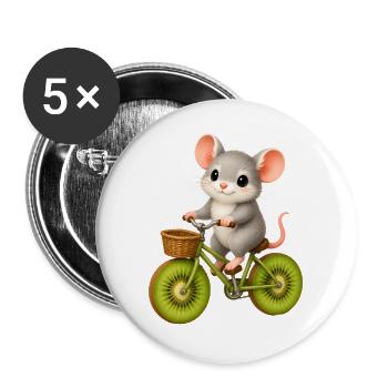 Süße Maus mit Fahrrad und Rädern aus Kiwischeiben - Buttons groß 56 mm (5er Pack) - Weiß - Vorne