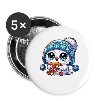 Süße Schneeeule mit Pizza Cartoon Fastfood - Buttons groß 56 mm (5er Pack) - Weiß - Vorne