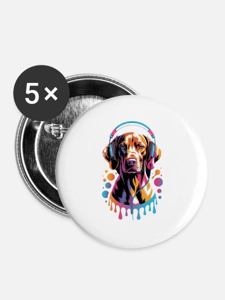 Viszla mit Kopfhörer - Buttons groß 56 mm (5er Pack) - Weiß