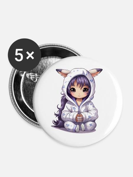 Chibi Häschen Hoodie Stil - Buttons groß 56 mm (5er Pack) - Weiß