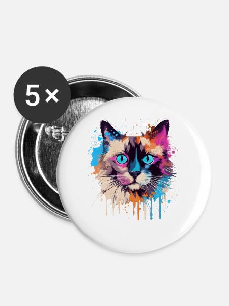 Buntes Splash-Art-Balinesisches Katzengesicht - Buttons groß 56 mm (5er Pack) - Weiß