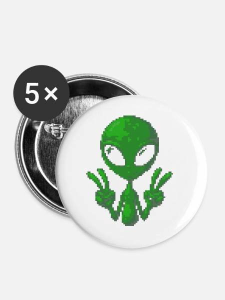 Pixel Alien Friedenszeichen - Buttons groß 56 mm (5er Pack) - Weiß
