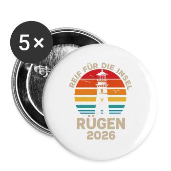Rügen Insel Retro2026 Leuchtturm - Buttons groß 56 mm (5er Pack) - Weiß - Vorne