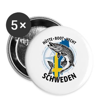 Hütte, Boot, Hecht - Schweden | Angler Geschenk - Buttons groß 56 mm (5er Pack) - Weiß - Vorne