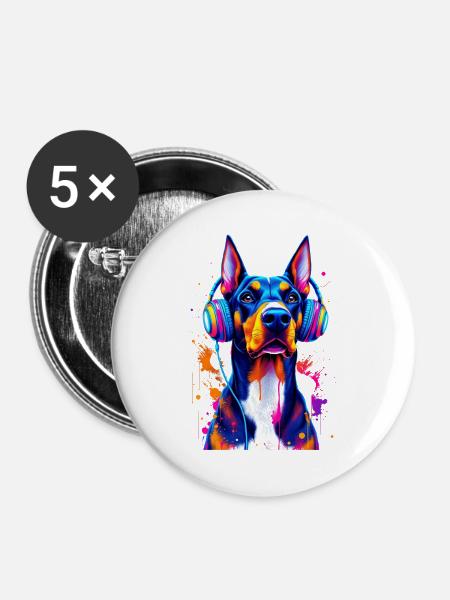 Dobermann mit Kopfhörern - Buttons groß 56 mm (5er Pack) - Weiß