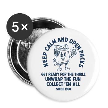 Restez calmes et ouvrez les paquets, collectionnez-les tous, échangez - Lot de 5 grands badges (56 mm) - blanc - Devant
