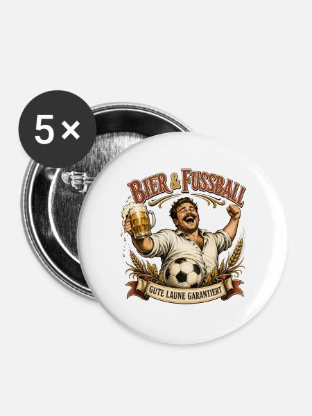 Bier & Fußball Jubler - Buttons groß 56 mm (5er Pack) - Weiß