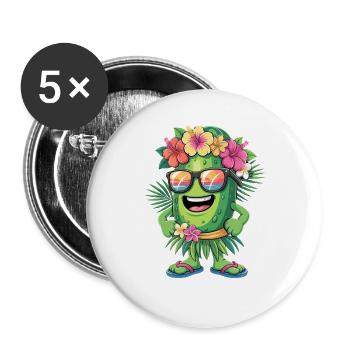  Lustige Urlaub Gurke im Hawaii Hula Look mit - Buttons groß 56 mm (5er Pack) - Weiß - Vorne