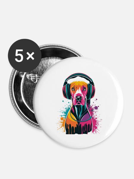 Viszla mit Kopfhörer - Buttons groß 56 mm (5er Pack) - Weiß