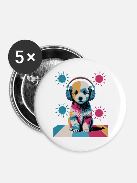 Pudel Welpe mit Kopfhörer - Buttons groß 56 mm (5er Pack) - Weiß