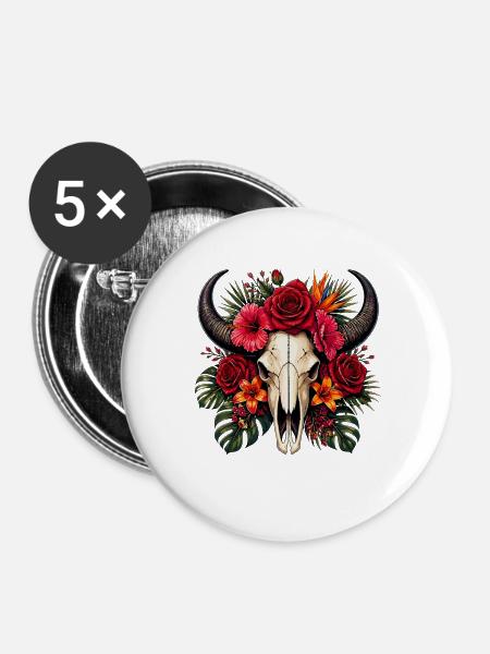 Blumen-Schädel mit Hörnern - Buttons groß 56 mm (5er Pack) - Weiß