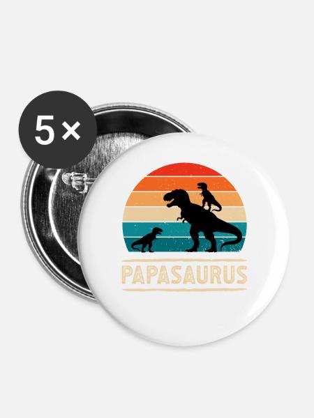 Papasaurus Dino Retro Sunset - Buttons groß 56 mm (5er Pack) - Weiß