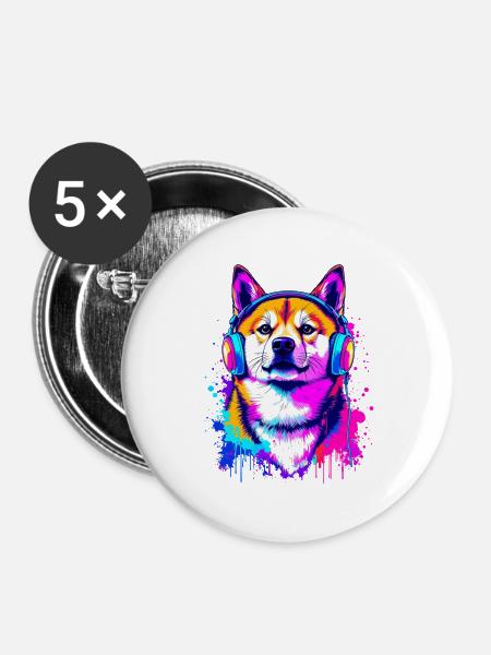 Shiba Inu mit Kopfhörern - Buttons groß 56 mm (5er Pack) - Weiß