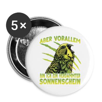 Budgie Wellensittich Australischer Sittich Budgie  - Buttons groß 56 mm (5er Pack) - Weiß - Vorne
