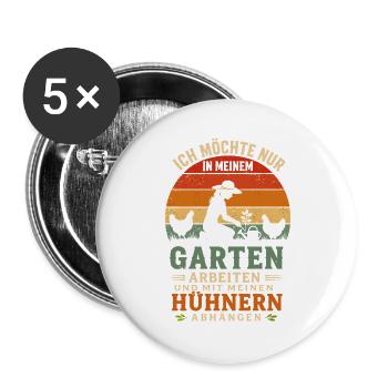 Gartenzeit mit Hühnern im Retro-Sommer - Buttons groß 56 mm (5er Pack) - Weiß - Vorne