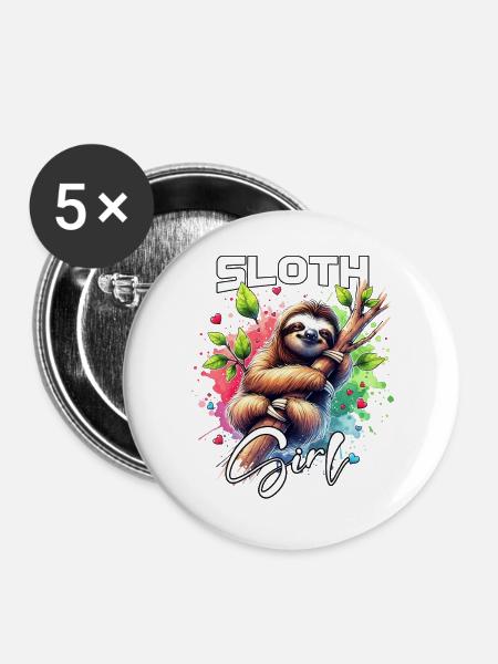 Sloth Mädchen Faultier - Buttons groß 56 mm (5er Pack) - Weiß