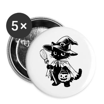 Schwarze Katze Hexe mit Besen und Kürbislaterne - Buttons groß 56 mm (5er Pack) - Weiß - Vorne