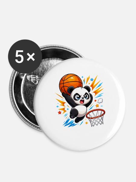 Kraftvoller Panda Slam Dunk - Buttons groß 56 mm (5er Pack) - Weiß
