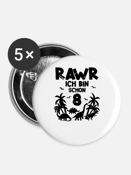 8. Geburtstag Dinosaurier - Buttons groß 56 mm (5er Pack) - Weiß