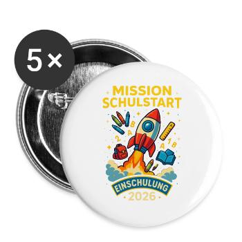 Mission Schulstart 2026 Rakete Einschulung - Buttons groß 56 mm (5er Pack) - Weiß - Vorne