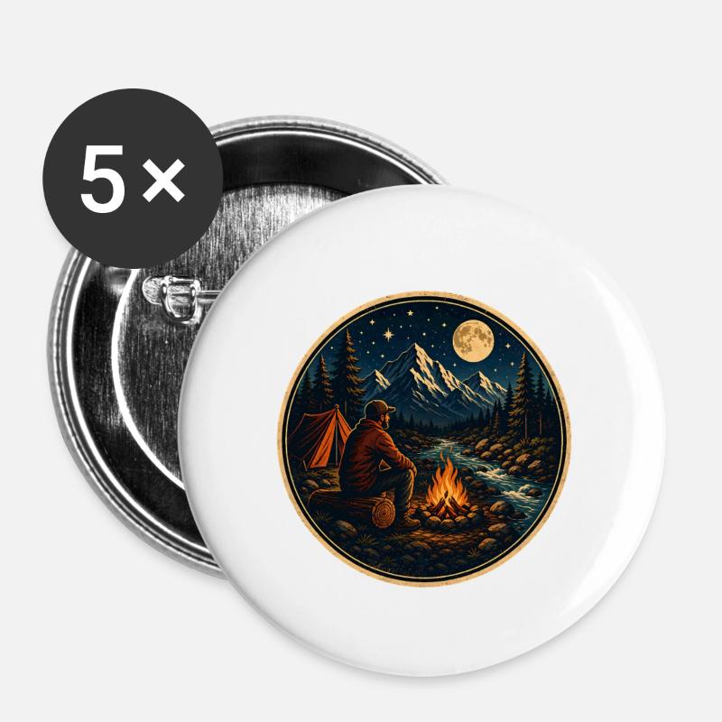 Moonlit night at campfire with tent at mountain river - Buttons large 2.2''/56 mm (5-pack) - white