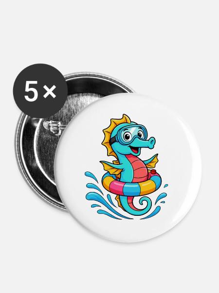 Lustiges Seepferd - Buttons groß 56 mm (5er Pack) - Weiß