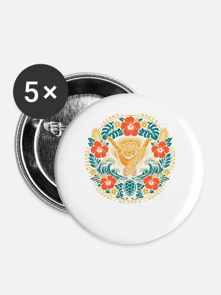 Aloha Shaka Werte - Buttons groß 56 mm (5er Pack) - Weiß