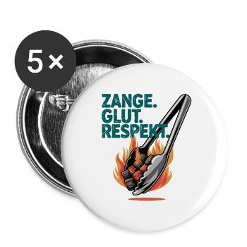  Zange Glut Respekt Grillen BBQ Flammen Kohle - Buttons groß 56 mm (5er Pack) - Weiß - Vorne