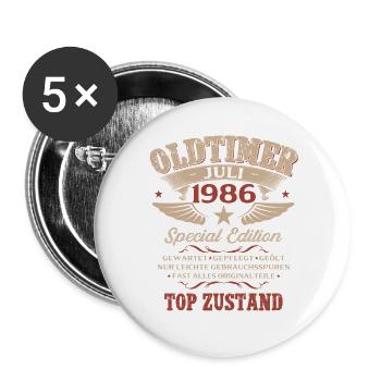 40. Geburtstag Geschenk Mann Oldtimer Juli 1986 - Buttons groß 56 mm (5er Pack) - Weiß - Vorne