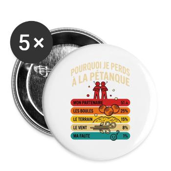 Pourquoi Je Perds À La Pétanque Humour Rétro - Lot de 5 grands badges (56 mm) - blanc - Devant
