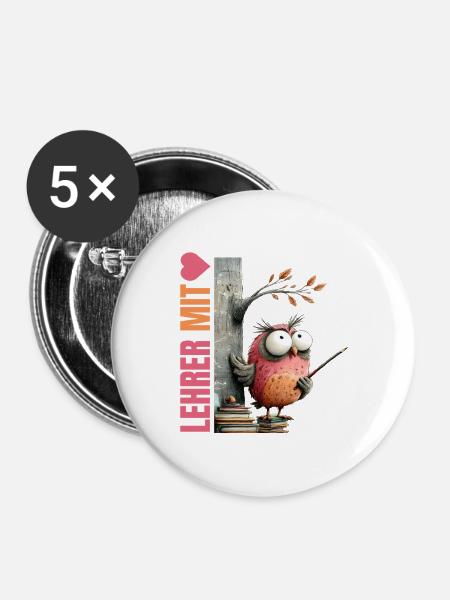 Lehrer mit Herz Eule Design - Buttons groß 56 mm (5er Pack) - Weiß