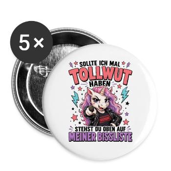 Tollwut Einhorn mit bissiger Ironie - Buttons groß 56 mm (5er Pack) - Weiß - Vorne